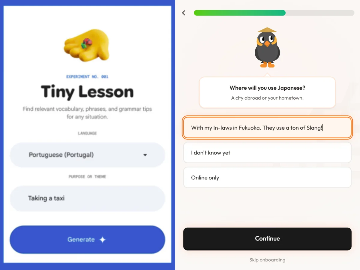 Left: Google's Little Language Lessons. Right: Mynago's onboarding. Same idea: learn language for your real life.